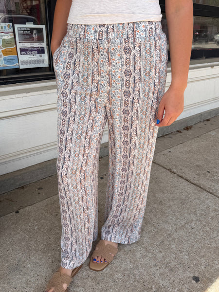 Blue Boho Printed Wide Leg Pants