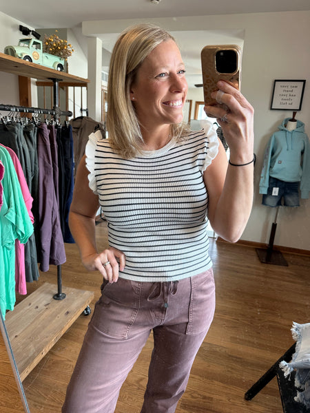 White & Black Stripe Flutter Sleeve Top