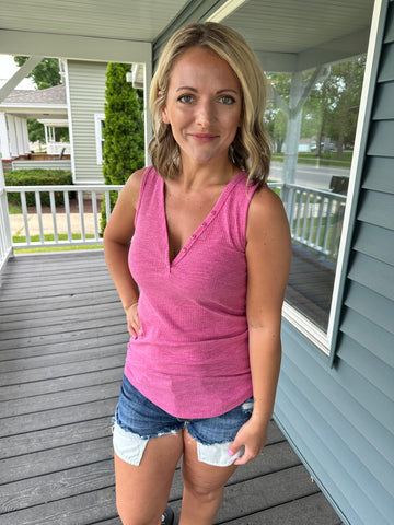 Pink Ribbed Button Tank