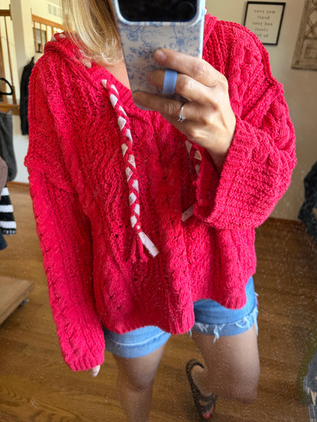 Red Hooded Chenille Cable Knit Sweater