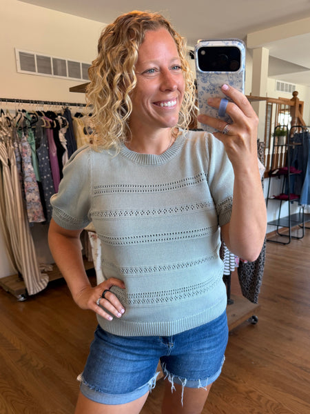 Dusty Blue Crochet Stripe Puff Sleeve Short Sleeve Sweater