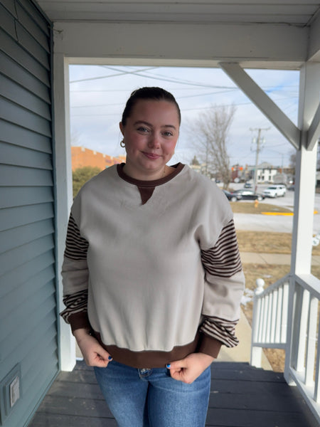 Oatmeal & Taupe Striped Color-Block Top