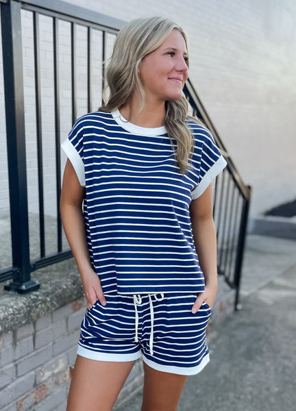 Light Navy Stripe Tee & Shorts Set