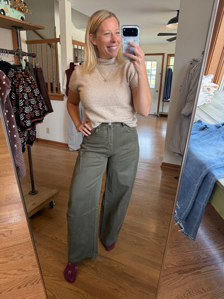 Beige Soft Short Sleeve Mock Neck Sweater