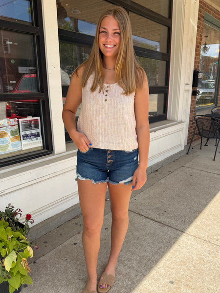 Almond Linen Cropped Henley Tank