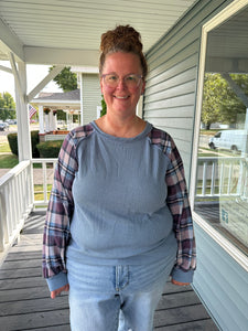 Vintage Blue & Plaid Ribbed Top (S-3XL)