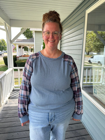 Vintage Blue & Plaid Ribbed Top (S-3XL)
