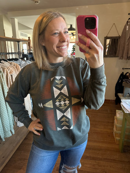 Olive Aztec Mineral Wash Graphic Sweatshirt