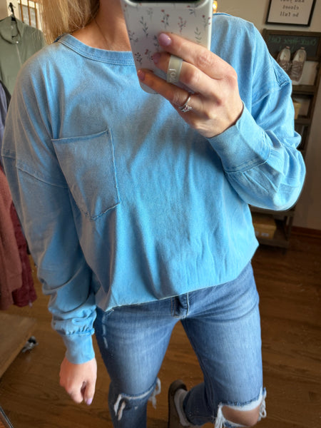 Ocean Blue Oversized Washed Long Sleeve Pocket Tee