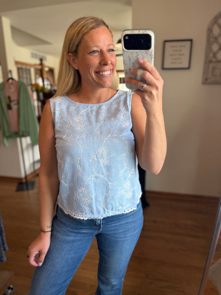 Baby Blue Embroidered Floral Tank Top
