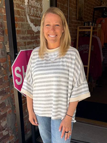 Heather Grey & Oatmeal Stripe Pullover Top