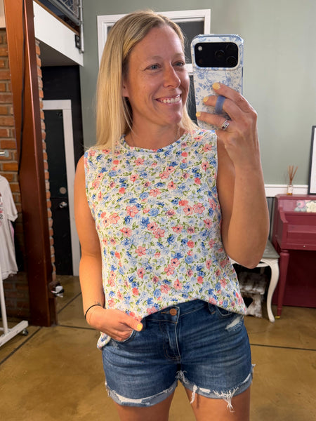 Ivory & Blue Floral Sleeveless Top