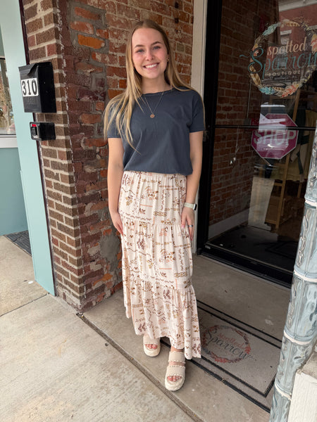 Cream Floral Patchwork Tiered Maxi Skirt