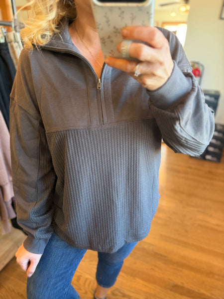 Charcoal Waffle Knit Half-Zip Sweatshirt