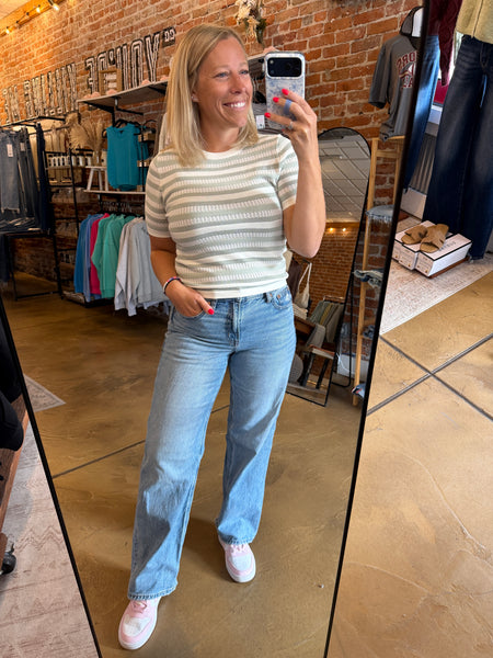 Sage Stripe Short Sleeve Color Block Knit Top