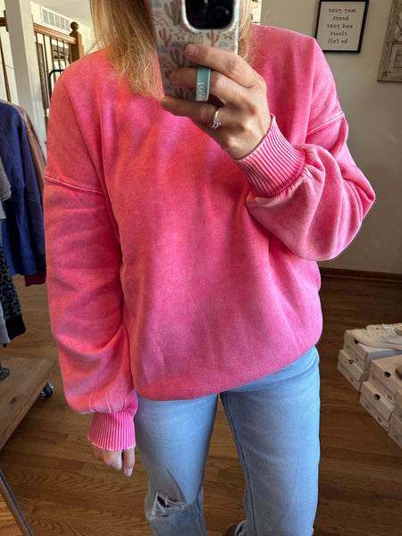 Fuchsia Acid Washed Fleece Oversized Pullover