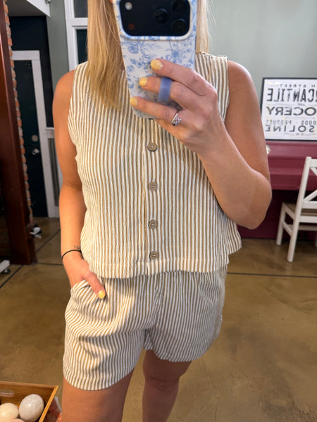 Mocha Stripe Sleeveless Button Down Top
