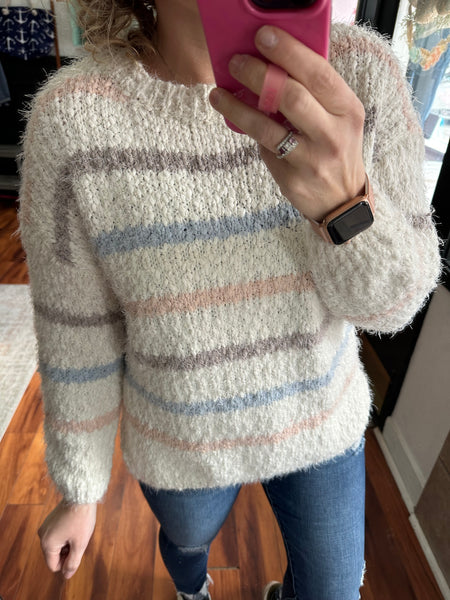 Cream Striped Popcorn Sweater