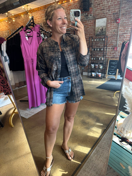 Black & Brown Plaid Frayed Hem Flannel