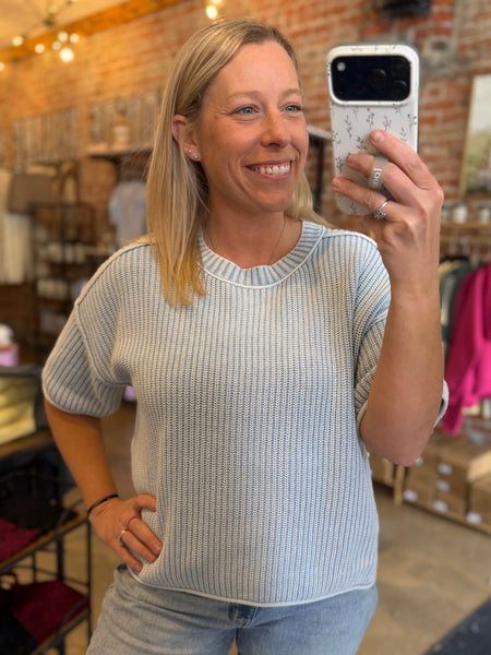 Light Blue Mineral Wash Short Sleeve Knit Top