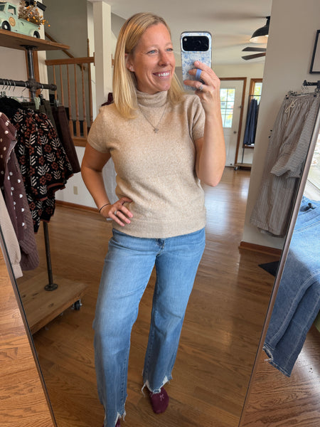 Beige Soft Short Sleeve Mock Neck Sweater