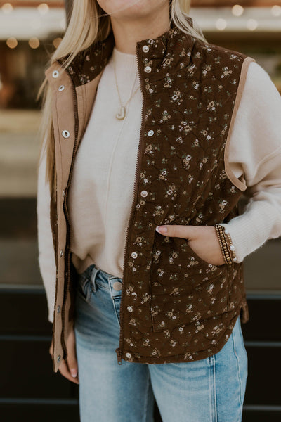 Chocolate Floral Quilted Puffer Vest
