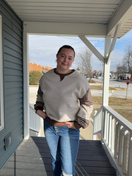 Oatmeal & Taupe Striped Color-Block Top