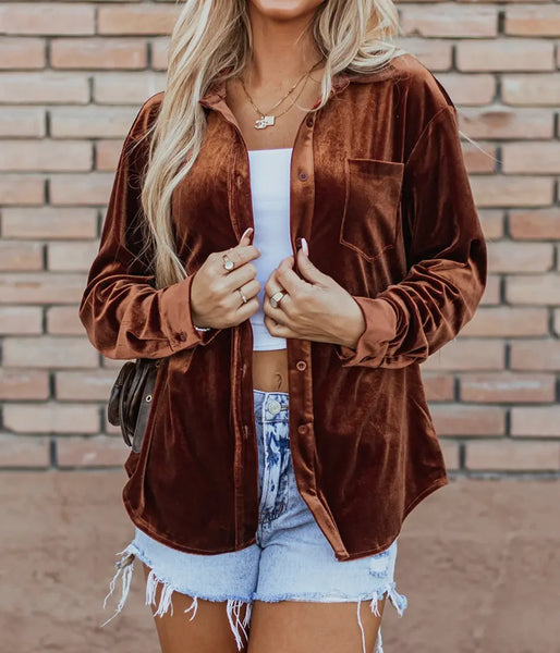 Chocolate Velvet Button Down Top