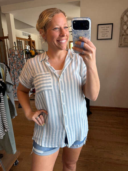 White & Dusty Blue Stripe Short Sleeve Button Top
