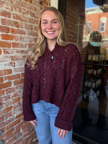 Maroon Button Open Knit Sweater