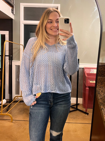 Powder Blue V-Neck Open Knit Top