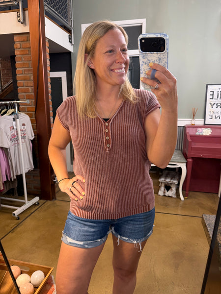 Terracotta Raw Edge Short Sleeve Henley Top