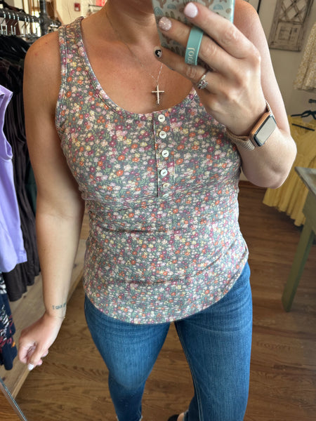 Charcoal Floral Button Tank Top