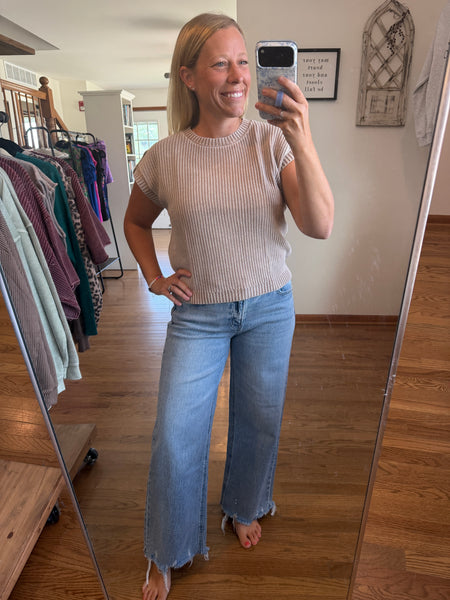 Khaki Acid Wash Back Button Knit Top