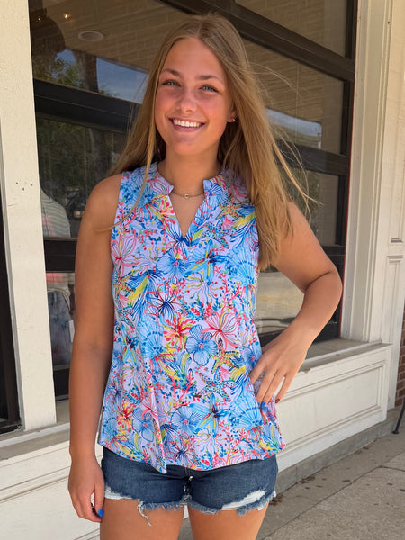 Aqua Tropical Floral Sleeveless Tank Top