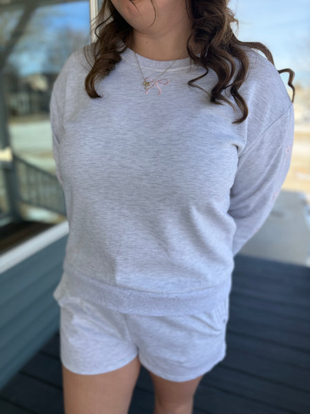 Heather Gray Bow Embroidered Sweatshirt & Shorts Set
