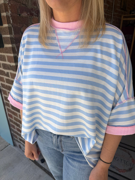 Light Blue & Pink Stripe Pullover Top