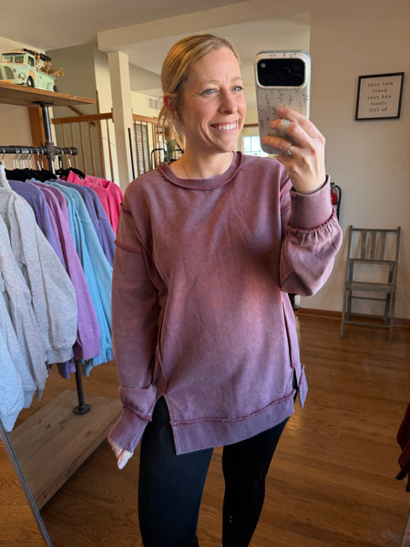 Vintage Plum Mineral Wash Exposed Seam Side Slit Sweatshirt