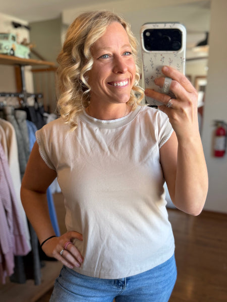 Beige Stitched Cotton Cap Sleeve Top