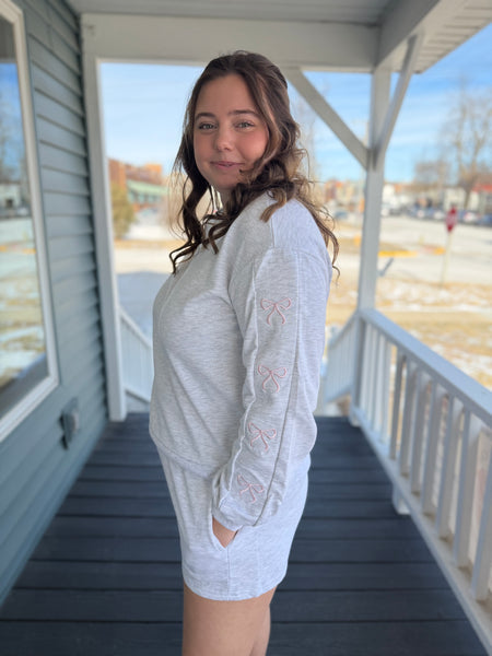 Heather Gray Bow Embroidered Sweatshirt & Shorts Set