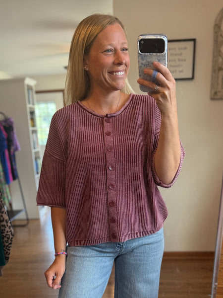 Burgundy Washed Ribbed Cardigan