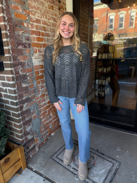 Ash Grey Scalloped Hem Open Knit Sweater