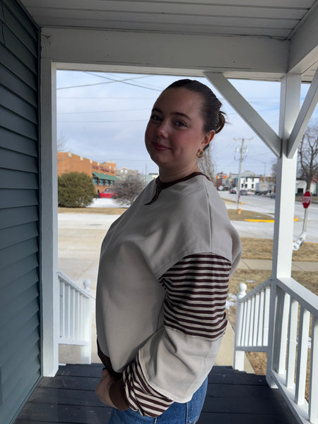Oatmeal & Taupe Striped Color-Block Top