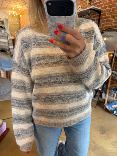 Light Gray and Mocha Heathered Stripe Knit Sweater