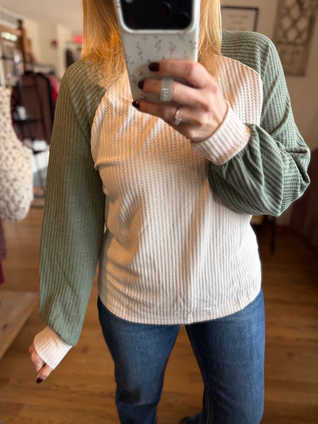 Olive & Oatmeal Waffle Color-Block Raglan