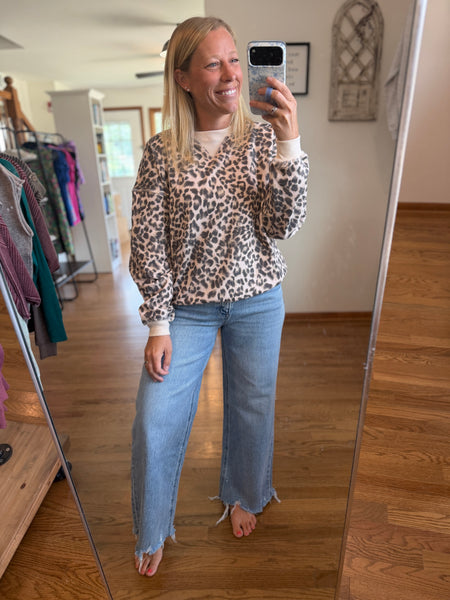Cream Leopard Boxy Long Sleeve Knit Top