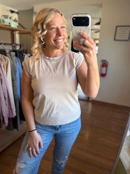 Beige Stitched Cotton Cap Sleeve Top