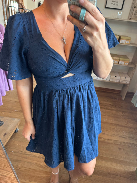 Navy Eyelet Embroidered Twist Front Dress