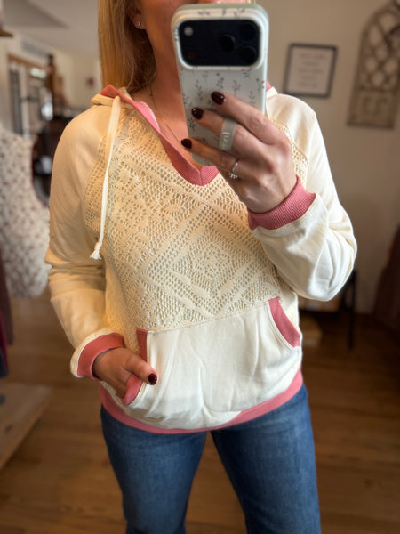 Ivory & Pink Crochet Knit Hoodie
