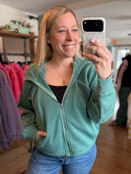 Dark Green Fleece Mineral Wash Zip Up Hoodie